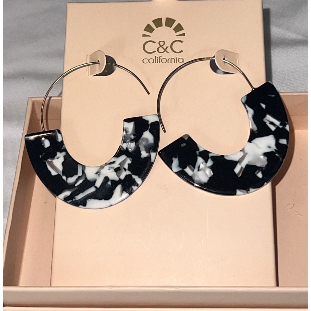 C&C California Acrylic Tortoise Hoops Black White Marble Crescent Earrings